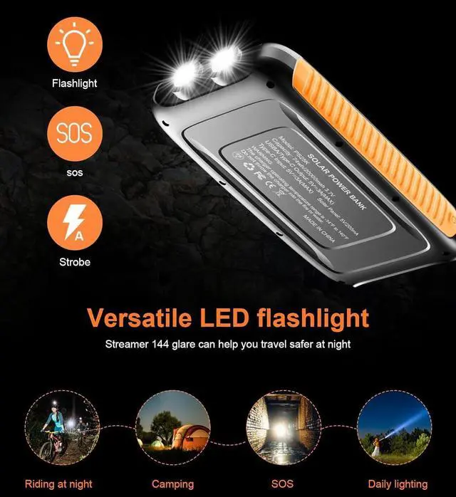 Alt view image 2 of 7 - Power-Bank-Solar-Charger - 20000mAh Power Bank, Portable Charger, External Battery Pack 5V/3A Type C Input Output Dual Built-in Super Bright Flashlight, Carabiner, Solar Panel Charging
