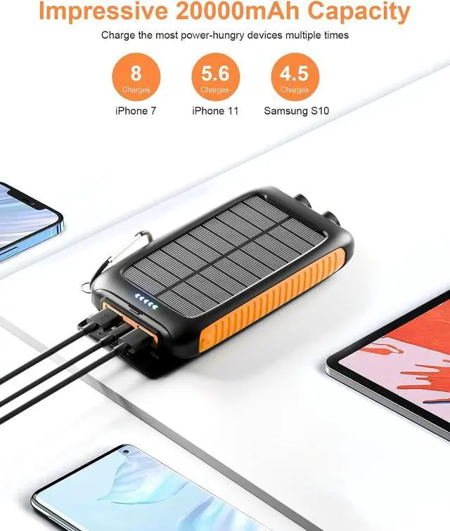 Alt view image 3 of 7 - Power-Bank-Solar-Charger - 20000mAh Power Bank, Portable Charger, External Battery Pack 5V/3A Type C Input Output Dual Built-in Super Bright Flashlight, Carabiner, Solar Panel Charging