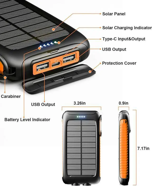 Alt view image 6 of 7 - Power-Bank-Solar-Charger - 20000mAh Power Bank, Portable Charger, External Battery Pack 5V/3A Type C Input Output Dual Built-in Super Bright Flashlight, Carabiner, Solar Panel Charging