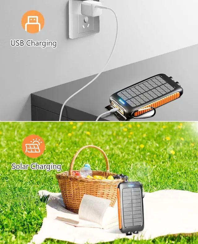 Alt view image 5 of 7 - Power-Bank-Solar-Charger - 20000mAh Power Bank, Portable Charger, External Battery Pack 5V/3A Type C Input Output Dual Built-in Super Bright Flashlight, Carabiner, Solar Panel Charging