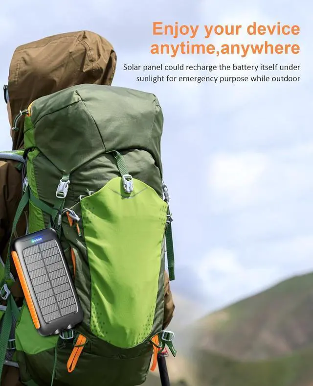 Alt view image 7 of 7 - Power-Bank-Solar-Charger - 20000mAh Power Bank, Portable Charger, External Battery Pack 5V/3A Type C Input Output Dual Built-in Super Bright Flashlight, Carabiner, Solar Panel Charging