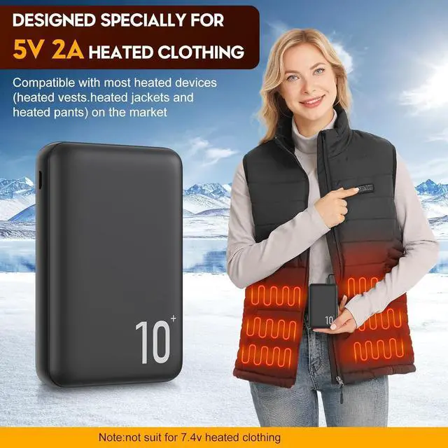 Alt view image 2 of 7 - 5V 2A Heated Vest Battery Pack for Heated Jacket 10000mAh Power Bank for Heated Clothing