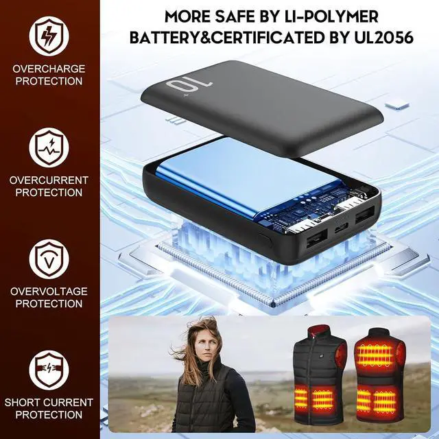 Alt view image 4 of 7 - 5V 2A Heated Vest Battery Pack for Heated Jacket 10000mAh Power Bank for Heated Clothing