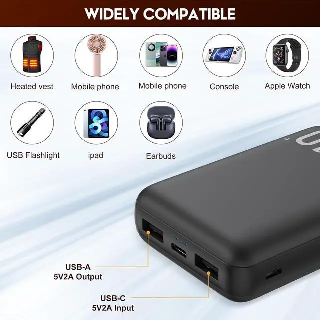 Alt view image 5 of 7 - 5V 2A Heated Vest Battery Pack for Heated Jacket 10000mAh Power Bank for Heated Clothing