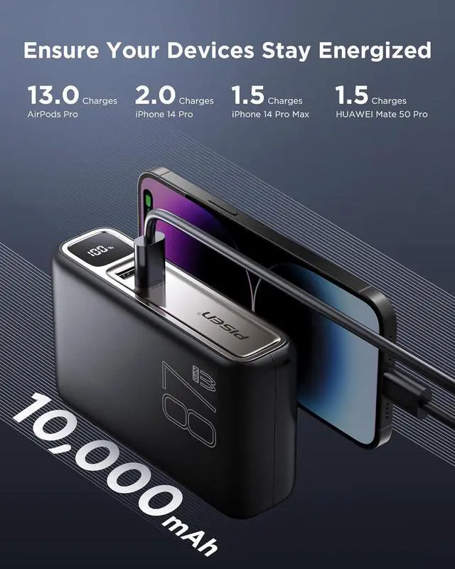 Alt view image 5 of 7 - PISEN Wall Charger Power Bank - 87W 2-in-1 Hybrid Charger, 10000mAh GaN USB-C Portable Charger with Wall Plug, 87W Hybrid Charger Power Bank with Wall Plug for iPhone, iPad, MacBook, Samsung, Laptops