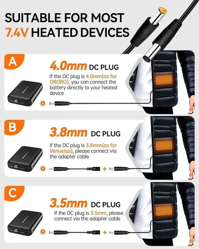 Alt view image 3 of 6 - 18400mAh Heated Vest Battery Pack Compatible with ORORO and Venustas, 7.4V Battery Pack for Heated Vest, with LED Display Portable Power Bank for Heated Vest, Jacket, Pant(No for 5V Heated Device)