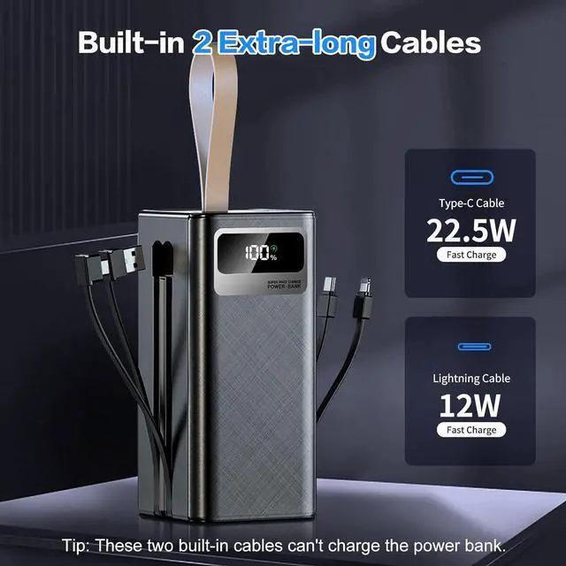Alt view image 4 of 7 - Power Bank 60000mAh High Capacity Portable Charger, 22.5W PD Fast Charging Built in Cables Battery Pack, 7 Outputs & 3 Inputs, Flashlight and LCD Display Power Bank for iPhone, Android, Camping