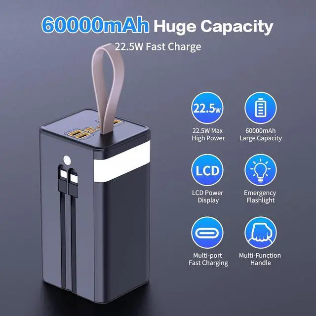 Alt view image 3 of 7 - Power Bank 60000mAh High Capacity Portable Charger, 22.5W PD Fast Charging Built in Cables Battery Pack, 7 Outputs & 3 Inputs, Flashlight and LCD Display Power Bank for iPhone, Android, Camping