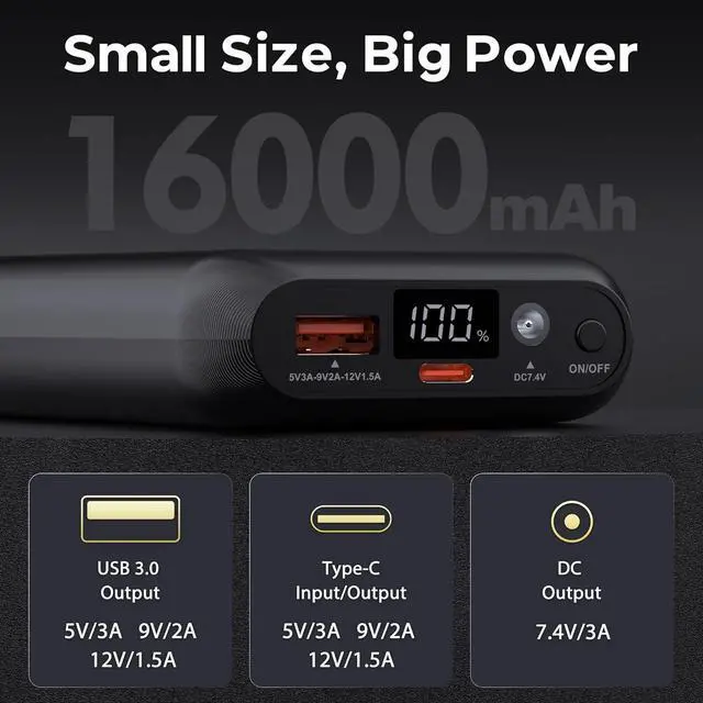 Alt view image 2 of 7 - 7.4V 16000mAh Battery Pack for Heated Vest with DC/USB-A/USB-C Ports, Portable Rechargeable Power Bank with LED Display, Heated Vest Battery Pack for ORORO Venustas Heated Vest, Jacket, Pants