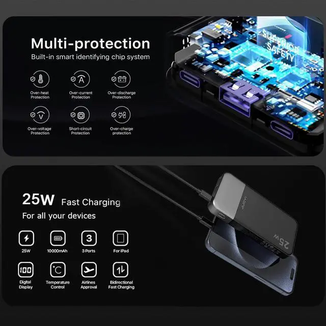 Alt view image 6 of 7 - Power Bank 10000mAh, 25W Fast Charging Small Portable Charger with PD 3.0 & QC 4.0,USB C Slim Lightweight iPhone Charger, Dual Output Compatible with iPhone16 15 14 Samsung (Black, 10000mAh)