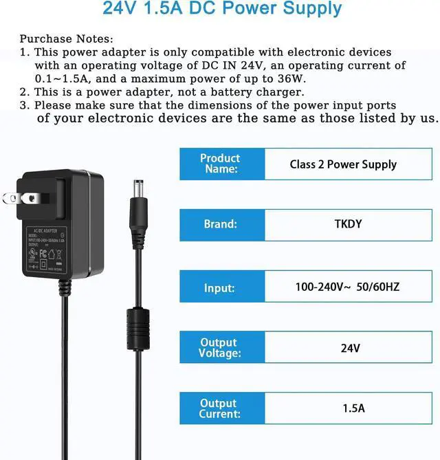 Alt view image 2 of 7 - TKDY 24V 1.5A DC Power Supply Cord 100-240V AC to DC 24 Volts, Compatible with 24Vdc 1.5A 1500mA 1A 1000mA 0.5A 500mA Power Adapter, with 5 Tips. (Not Battery Charger).