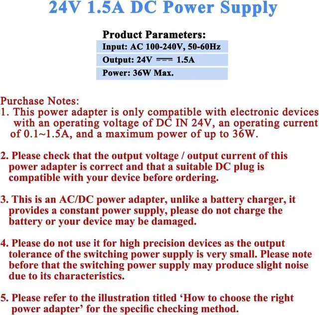 Alt view image 3 of 7 - TKDY 24V 1.5A DC Power Supply Cord 100-240V AC to DC 24 Volts, Compatible with 24Vdc 1.5A 1500mA 1A 1000mA 0.5A 500mA Power Adapter, with 5 Tips. (Not Battery Charger).