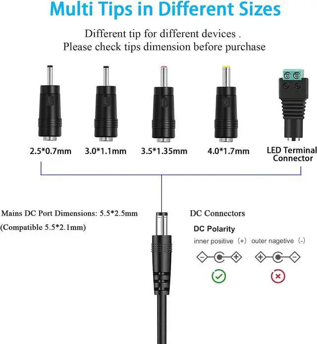 Alt view image 5 of 7 - TKDY 24V 1.5A DC Power Supply Cord 100-240V AC to DC 24 Volts, Compatible with 24Vdc 1.5A 1500mA 1A 1000mA 0.5A 500mA Power Adapter, with 5 Tips. (Not Battery Charger).