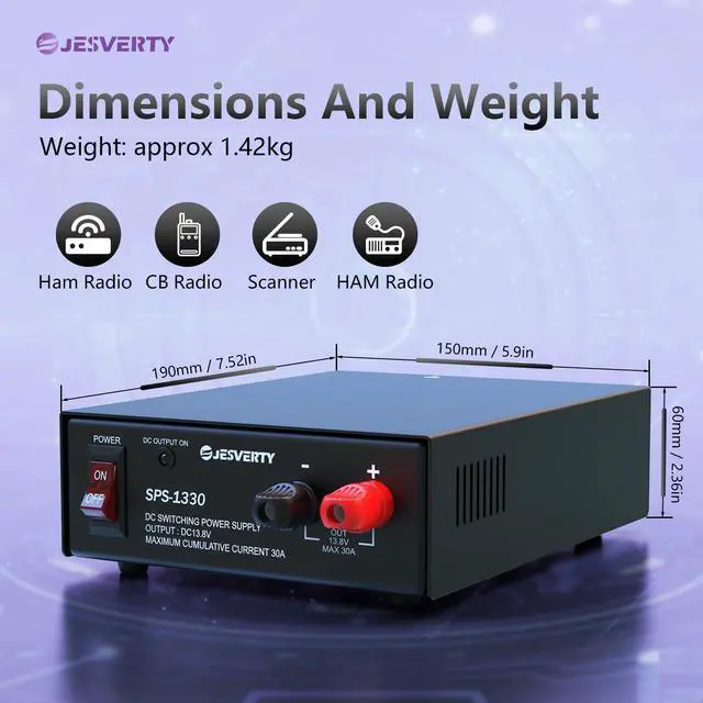 Alt view image 2 of 7 - Universal Compact Bench Power Supply - 30 Amp Regulated Home Lab Benchtop AC-to-DC Converter for CB/HAM/Amateur Radio with 13.8V Fixed OutputScrew-Type Terminals, Cooling Fan - SPS-1330