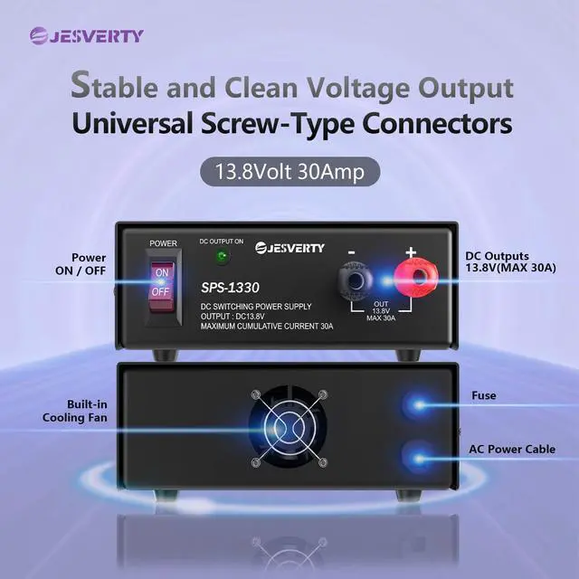 Alt view image 3 of 7 - Universal Compact Bench Power Supply - 30 Amp Regulated Home Lab Benchtop AC-to-DC Converter for CB/HAM/Amateur Radio with 13.8V Fixed OutputScrew-Type Terminals, Cooling Fan - SPS-1330