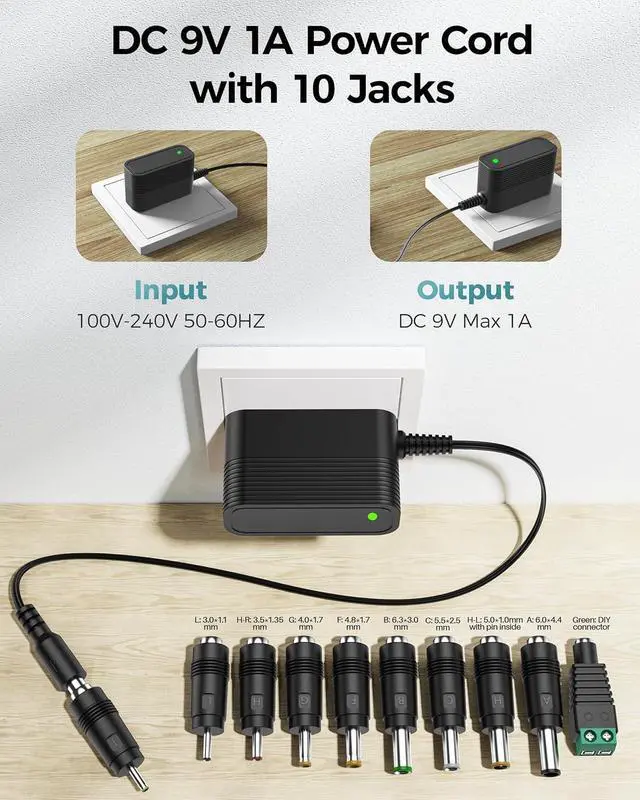 Alt view image 3 of 7 - DC 9V Power Cord 9V Power Supply Universal Charger Replacement with 10 Interchangeable Jacks Compatible with 100mA 200mA 300mA 400mA 500mA 600mA 700mA 800mA 900mA 1000mA Equipment