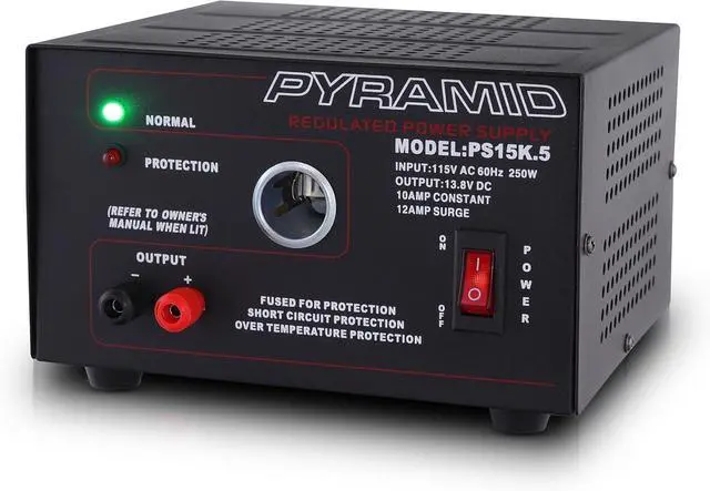 Main image of Pyramid Universal Compact Bench Power Supply - 10 Amp Linear Regulated Home Lab Benchtop AC-to-DC Converter w/ 13.8 Volt DC 115V AC 250W Input, Screw Type Terminal, 12V Car Cigarette Lighter-PS15K.5