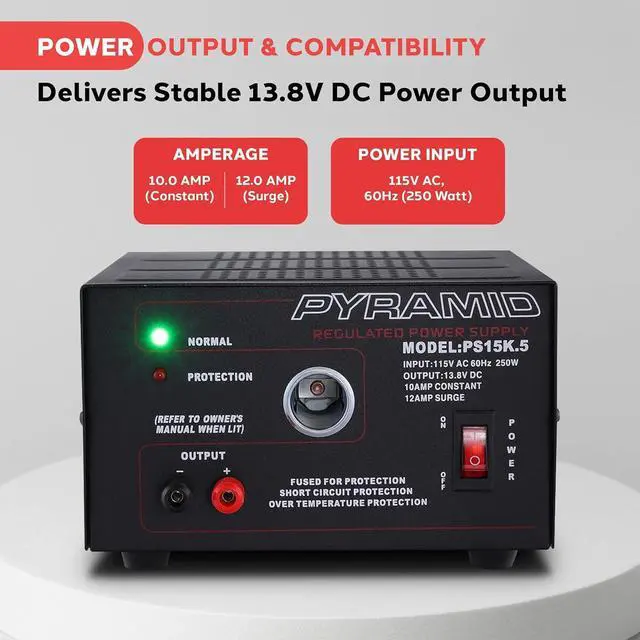 Alt view image 2 of 7 - Pyramid Universal Compact Bench Power Supply - 10 Amp Linear Regulated Home Lab Benchtop AC-to-DC Converter w/ 13.8 Volt DC 115V AC 250W Input, Screw Type Terminal, 12V Car Cigarette Lighter-PS15K.5