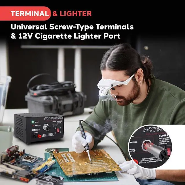 Alt view image 3 of 7 - Pyramid Universal Compact Bench Power Supply - 10 Amp Linear Regulated Home Lab Benchtop AC-to-DC Converter w/ 13.8 Volt DC 115V AC 250W Input, Screw Type Terminal, 12V Car Cigarette Lighter-PS15K.5
