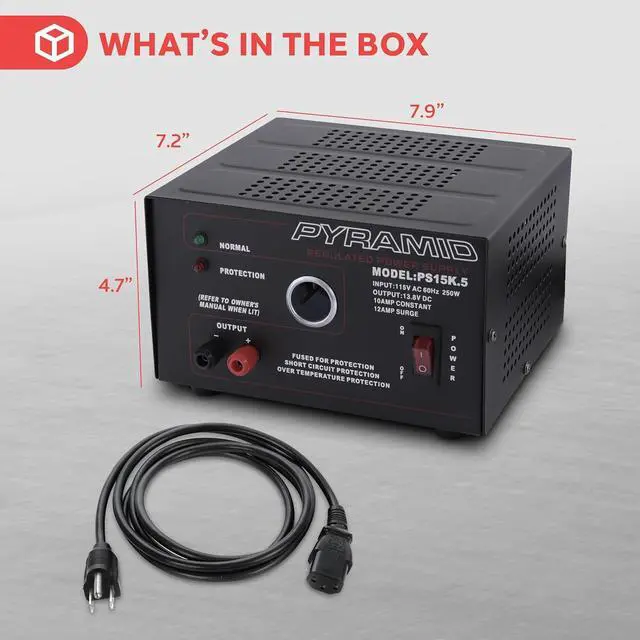 Alt view image 7 of 7 - Pyramid Universal Compact Bench Power Supply - 10 Amp Linear Regulated Home Lab Benchtop AC-to-DC Converter w/ 13.8 Volt DC 115V AC 250W Input, Screw Type Terminal, 12V Car Cigarette Lighter-PS15K.5