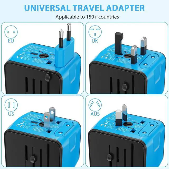 Alt view image 2 of 7 - Universal International Travel Power Adapter, All in One Wall Charger with High Speed 2.4A 3xUSB, 3.0A Type-C, European Adapter, Worldwide AC Outlet Plugs for UK, CA, EU, AU, Asia (Blue)