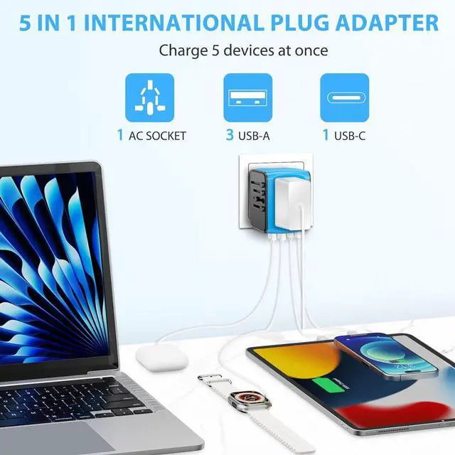 Alt view image 3 of 7 - Universal International Travel Power Adapter, All in One Wall Charger with High Speed 2.4A 3xUSB, 3.0A Type-C, European Adapter, Worldwide AC Outlet Plugs for UK, CA, EU, AU, Asia (Blue)