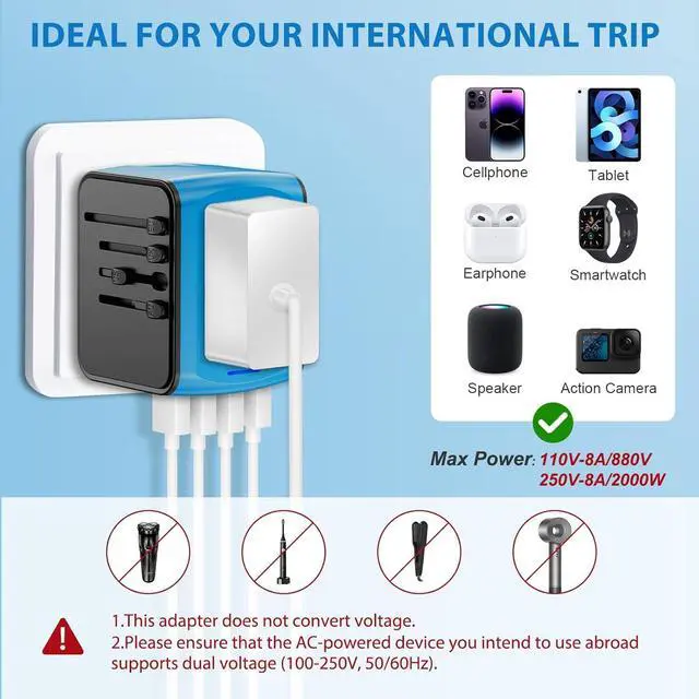 Alt view image 4 of 7 - Universal International Travel Power Adapter, All in One Wall Charger with High Speed 2.4A 3xUSB, 3.0A Type-C, European Adapter, Worldwide AC Outlet Plugs for UK, CA, EU, AU, Asia (Blue)