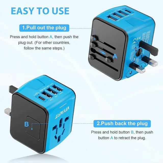 Alt view image 6 of 7 - Universal International Travel Power Adapter, All in One Wall Charger with High Speed 2.4A 3xUSB, 3.0A Type-C, European Adapter, Worldwide AC Outlet Plugs for UK, CA, EU, AU, Asia (Blue)