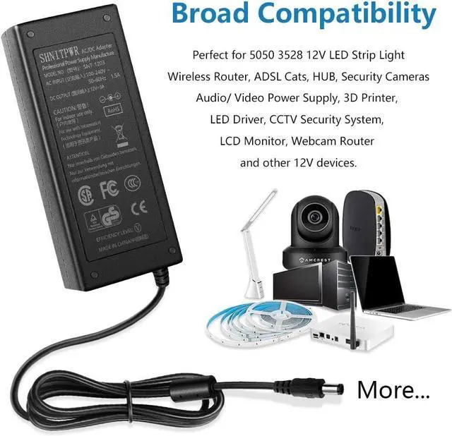 Alt view image 5 of 7 - SHNITPWR 12V 3A 36W AC DC Power Supply Adapter 100V~240V AC to DC 12 Volt 3 Amp Converter Transformer LED Driver with 5.5x2.5mm Plug for 5050 3528 LED Strip 3D Printer CCTV Security System LCD Monitor