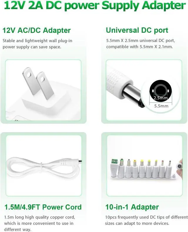 Alt view image 2 of 6 - 12V 2A Power Supply 24W AC/DC Adapter Wall Charger Replacement Power Cord AC 100V-240V to DC 12Volt 2A 1.5A 1A Converter for Security Camera BT Speaker GPS Webcam Router Scanner w/10 White