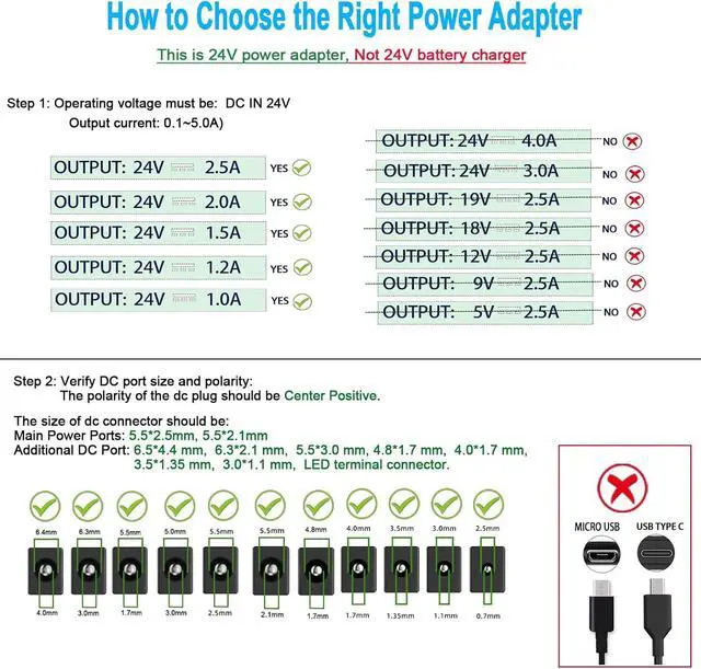 Alt view image 3 of 7 - TKDY 24V 2.5A Power Supply Cord AC 100-240V to Output 24Volt DC Power Adapter, Compatible with 24Vdc 2A 1.5A 0.1A-2.5A Led Strip Lights LCD Monirot etc, with 8 Tips.