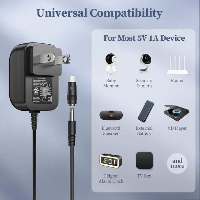 Alt view image 4 of 7 - 5V 1A Power Supply 5 Volt Charger 1000mA 5W Max Regulated Switching AC to DC Cord Adapter with 10 Replacement Connector 100V - 240V Input Adaptor US Wall Plug