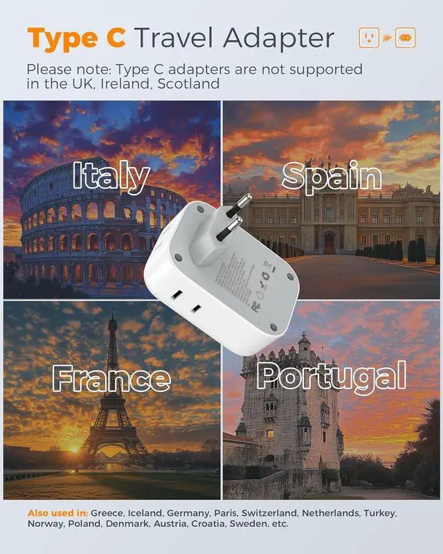 Alt view image 2 of 6 - European Travel Plug Adapter USB C, TESSAN International Plug Adapter with 4 AC Outlets 3 USB Charging Ports, Type C Europe Power Adaptor for US to EU France Germany Iceland Spain Italy