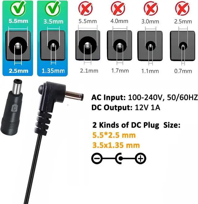 Alt view image 2 of 6 - DCHAV 12V 1A Power Supply AC to DC Adapter Power Cord 5.5mmx2.5mm and 3.5mmx1.35mm Tip 100-240V 50-60Hz Wall Plug 4ft Output 12 Volt 1 Amp for CCTV Camera LED Light Speaker (Not 5.5mmx2.1mm Tip)