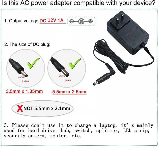 Alt view image 6 of 6 - DCHAV 12V 1A Power Supply AC to DC Adapter Power Cord 5.5mmx2.5mm and 3.5mmx1.35mm Tip 100-240V 50-60Hz Wall Plug 4ft Output 12 Volt 1 Amp for CCTV Camera LED Light Speaker (Not 5.5mmx2.1mm Tip)