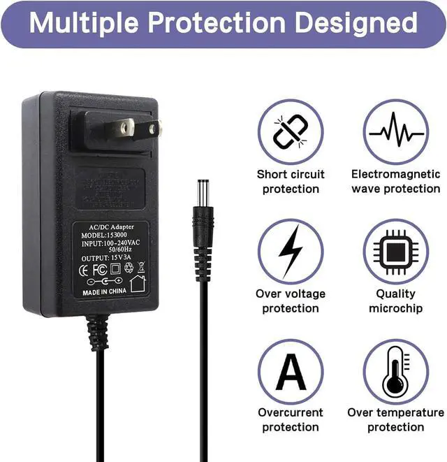 Alt view image 2 of 5 - 15V 3A 6FT Power Supply Adapter Charger Cable (Input AC 100V-240V, Output DC 15 Volt 3 Amp 45 Watt) Adapter Transformer Converter DC 5.5mm x 2.1mm & 2.5mm