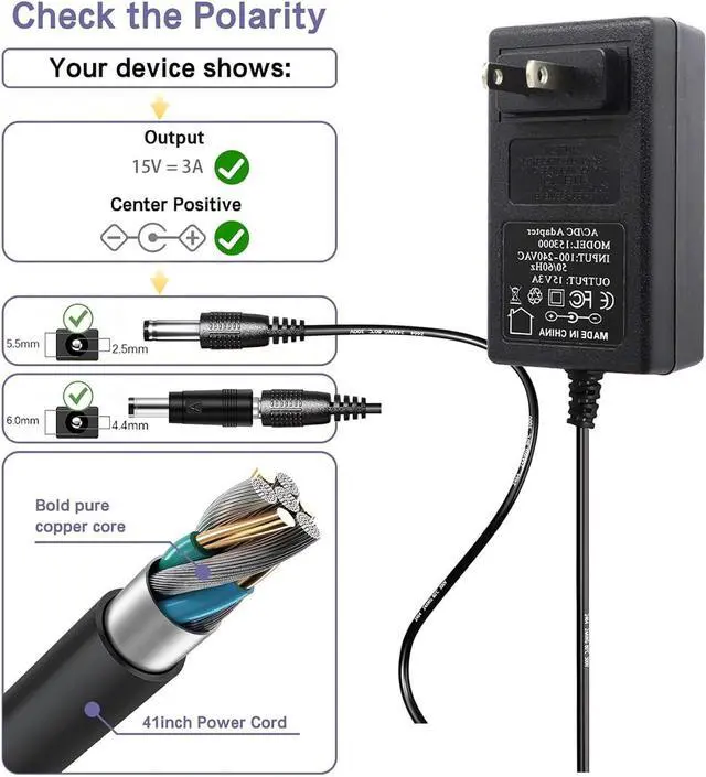 Alt view image 3 of 5 - 15V 3A 6FT Power Supply Adapter Charger Cable (Input AC 100V-240V, Output DC 15 Volt 3 Amp 45 Watt) Adapter Transformer Converter DC 5.5mm x 2.1mm & 2.5mm