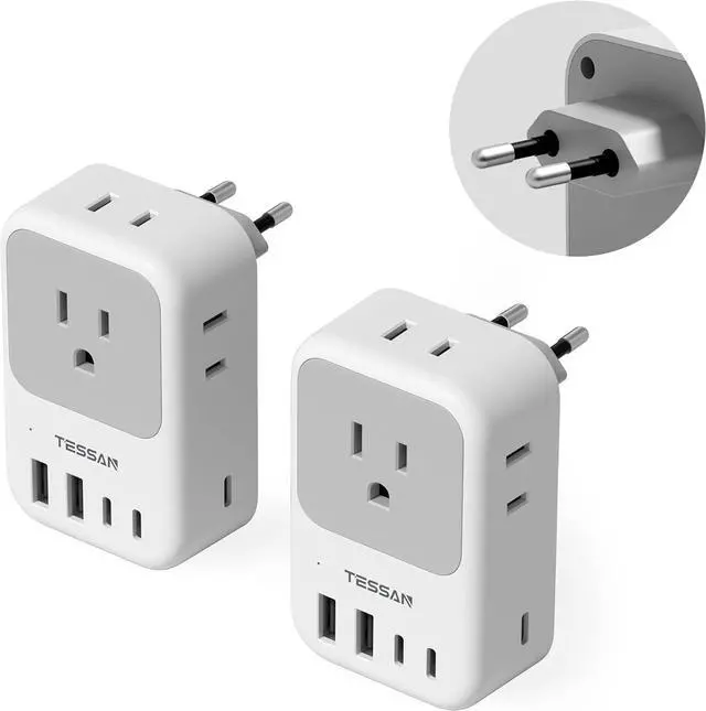 Main image of TESSAN European Travel Plug Adapter 2-Pack, US to EU Outlet Adaptor with 4 AC Outlets & 5 USB Ports (3 USB-C 28W), Type C Power Adapter for Italy France Germany Spain Greece Iceland