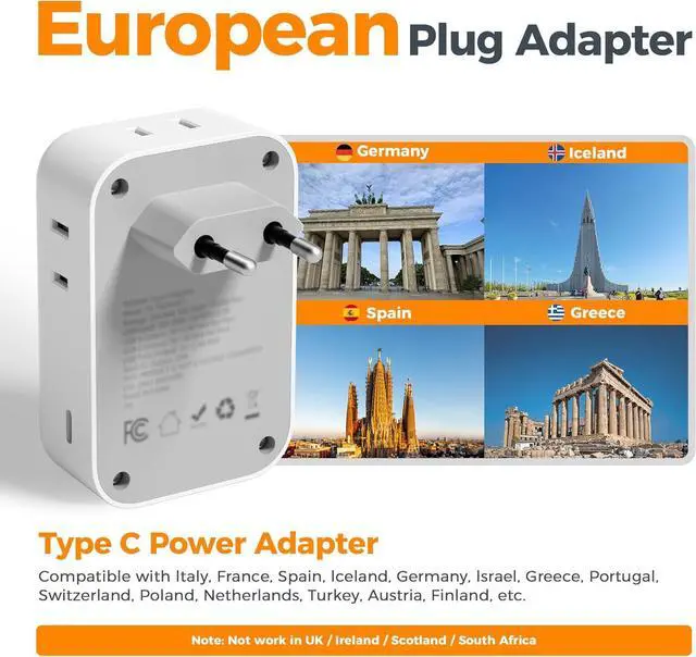Alt view image 2 of 6 - TESSAN European Travel Plug Adapter 2-Pack, US to EU Outlet Adaptor with 4 AC Outlets & 5 USB Ports (3 USB-C 28W), Type C Power Adapter for Italy France Germany Spain Greece Iceland