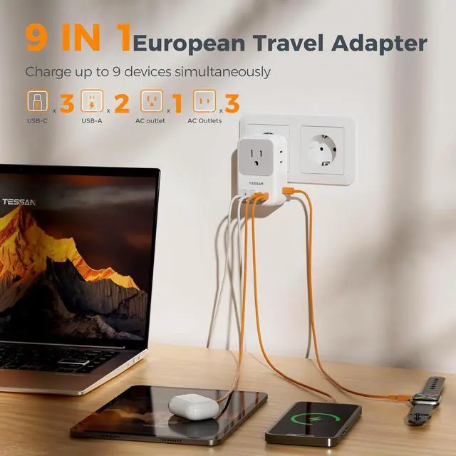 Alt view image 3 of 6 - TESSAN European Travel Plug Adapter 2-Pack, US to EU Outlet Adaptor with 4 AC Outlets & 5 USB Ports (3 USB-C 28W), Type C Power Adapter for Italy France Germany Spain Greece Iceland