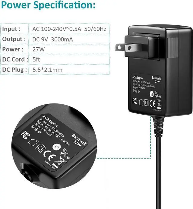 Alt view image 4 of 6 - 9V 3A 2.5A 2A 1A AC DC Power Adapter 27W 9V 3000mA 2500mA 2800mA Power Supply Cord Wall Charger for 9 Volt Electronics 3Amp Max