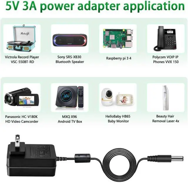 Alt view image 2 of 7 - 5V 3A DC Power Supply, 5 Volts 2A 1.5A 1A AC Power Adapter Charger, fit for 5Vdc Record Player Baby Monitor Bluetooth Speaker Power Cord.