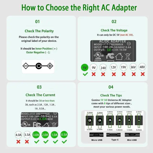 Alt view image 4 of 7 - 5V 3A DC Power Supply, 5 Volts 2A 1.5A 1A AC Power Adapter Charger, fit for 5Vdc Record Player Baby Monitor Bluetooth Speaker Power Cord.