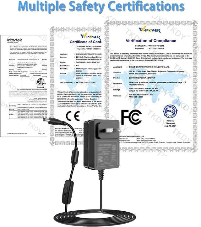 Alt view image 5 of 7 - TKDY 12V 2A DC Power Supply AC Adapter with Switch, 100-240Vac to DC 12 Volts 2 Amps 24W Transformer, fit for Output DC12V 0.1~2000mA 1A 1.5A 2A Led Strip Lights CCTV Camera Router Power Cord.