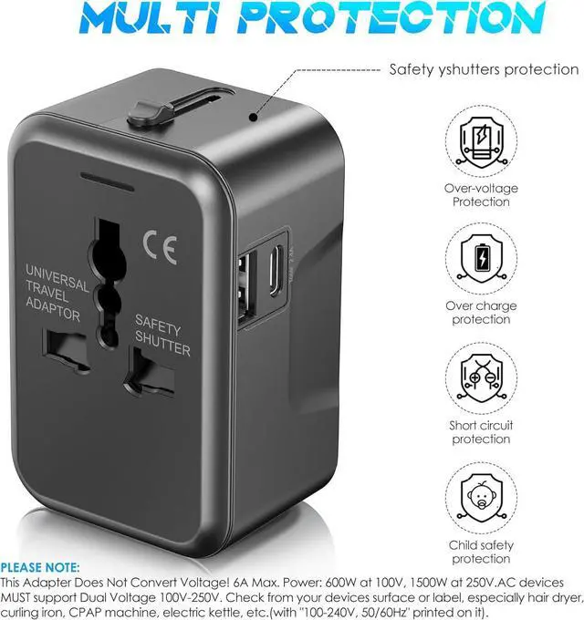 Alt view image 3 of 6 - Universal Travel Adapter with (Type C+USB) 2 USB Ports & AC Outlet, International Plug Adapter Converter, Type C/A/G/I All in One Wall Charger Worldwide Travel Adaptor for US to EU UK AUS Asia