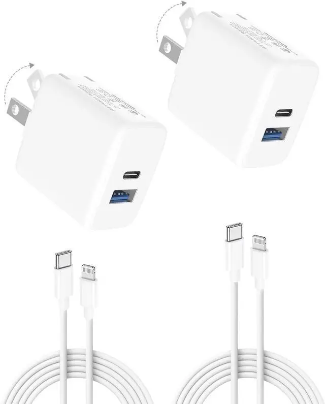 Main image of 2Pack Fast Charger for iPad 9th 8th 7th 6th Generation 10.2 inch, iPad Air 3/2, iPad mini 5/4/3, 20W Dual Port Foldable Wall Charger with 6.6ft USB-C to Lightning Fast Charging Cable