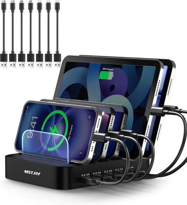 Main image of MSTJRY Charging Station for Multiple Devices : 5 Port Multi USB-A Charger Stations Multi-Device Organizer Charging Dock Designed for iPhone iPad Cell Phone Tablets (7 Short Cables Included), Black