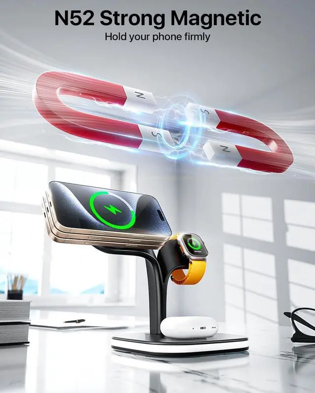 Alt view image 3 of 7 - Wireless Charging Station for Magsafe Charger Charging Station for Multiple Devices Wireless Charger for iPhone 16/15/14/13/12 Series  Watch Series 1-9 AirPods with LED and Adapter (Black)