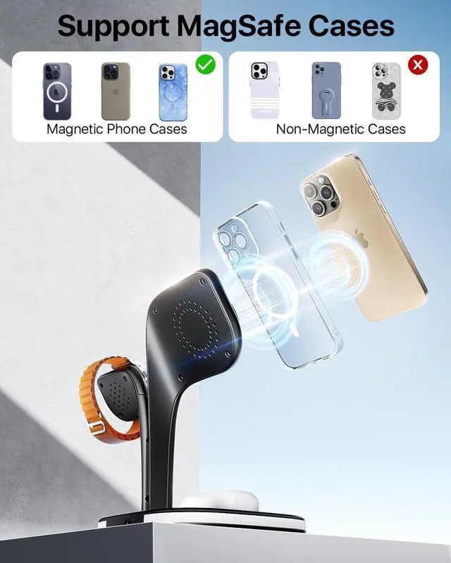 Alt view image 7 of 7 - Wireless Charging Station for Magsafe Charger Charging Station for Multiple Devices Wireless Charger for iPhone 16/15/14/13/12 Series  Watch Series 1-9 AirPods with LED and Adapter (Black)