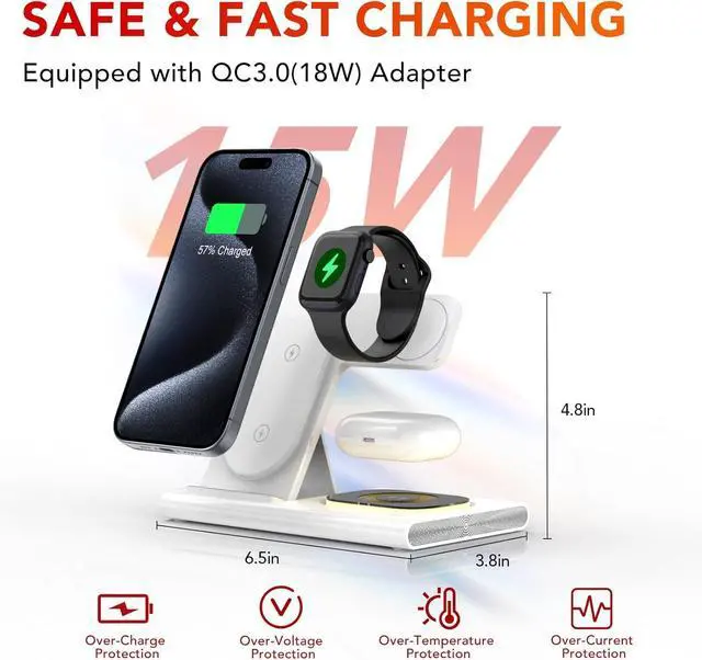 Alt view image 5 of 7 - 3 in 1 Foldable Charging Station for Apple Products,Fast Wireless Charger Travel Dock Adapter&Light for iPhone 16/15/14/13/12/11/X/XS,for iWatch 10/9/8/7/Ultra2/Ultra/SE,for AirPods 4/3/2/Pro/2(White)